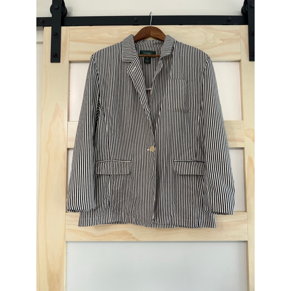 Lauren Ralph Lauren Women's Striped Cotton Blazer Jacket Navy